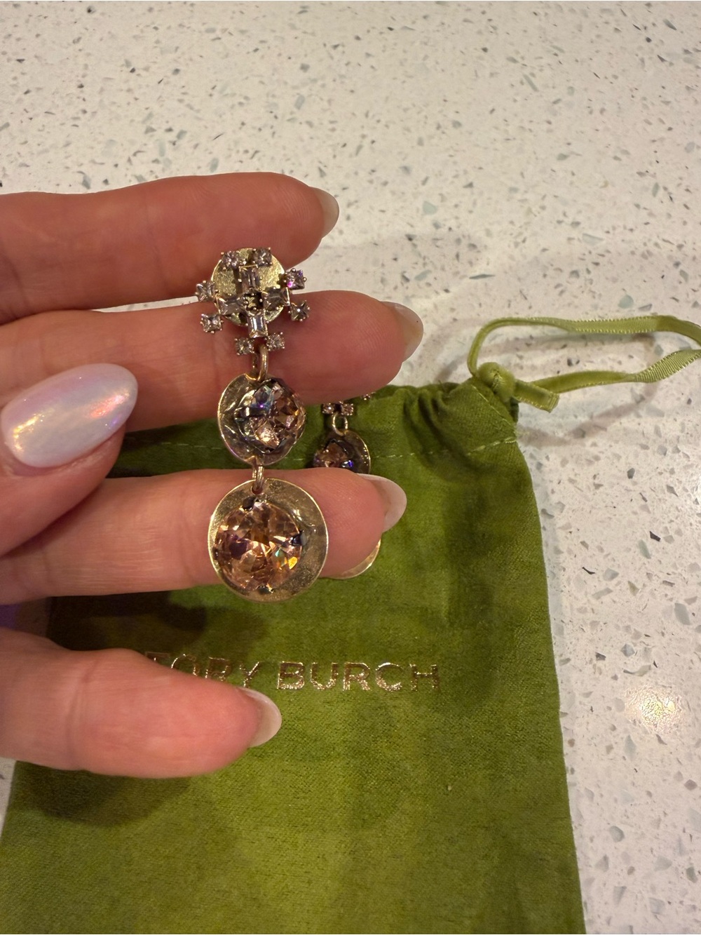 Tory Burch Gold-Tone Crystal Drop Earrings with Champagne Stones